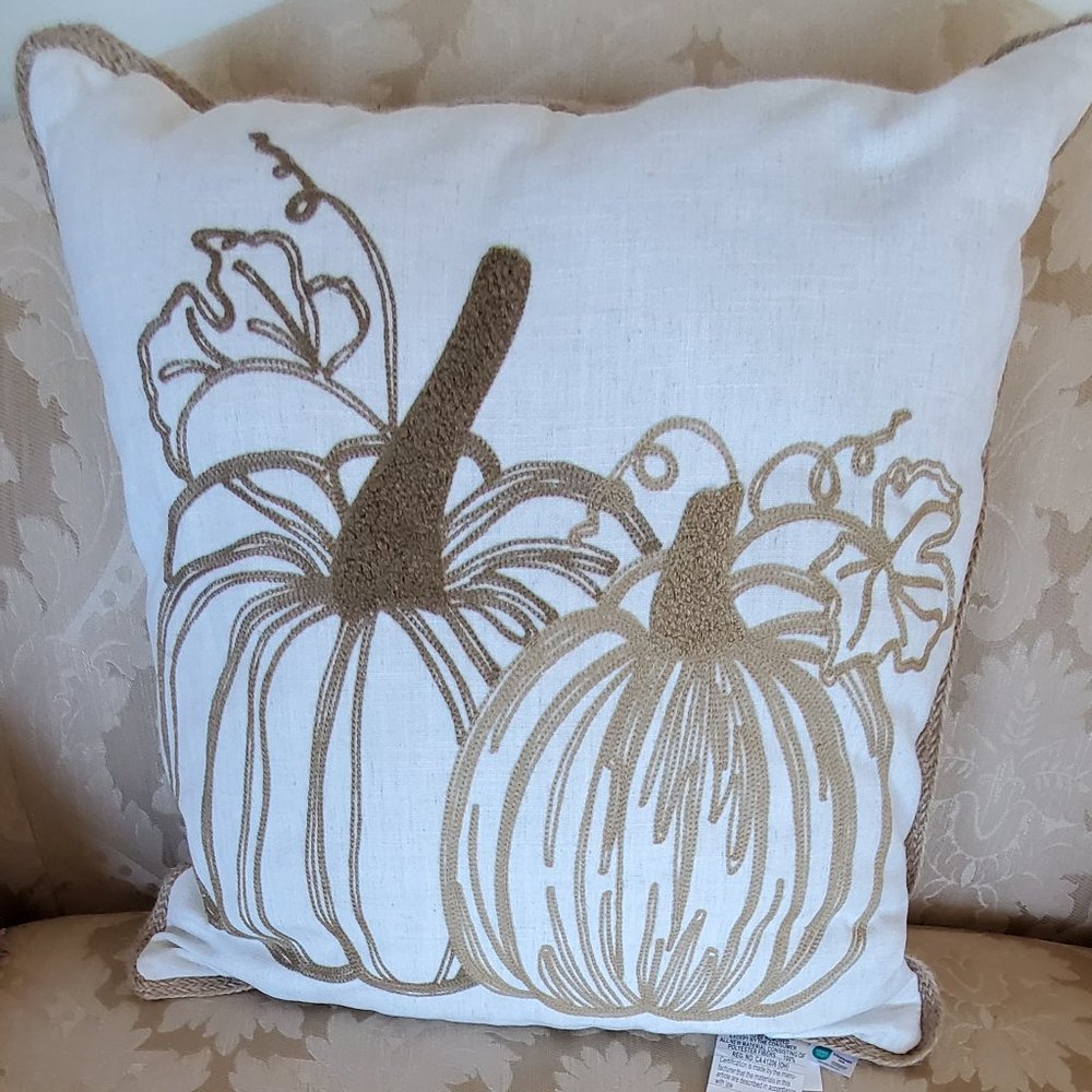 Ivory with Brown Embroidery Pumpkins Pillow 20"